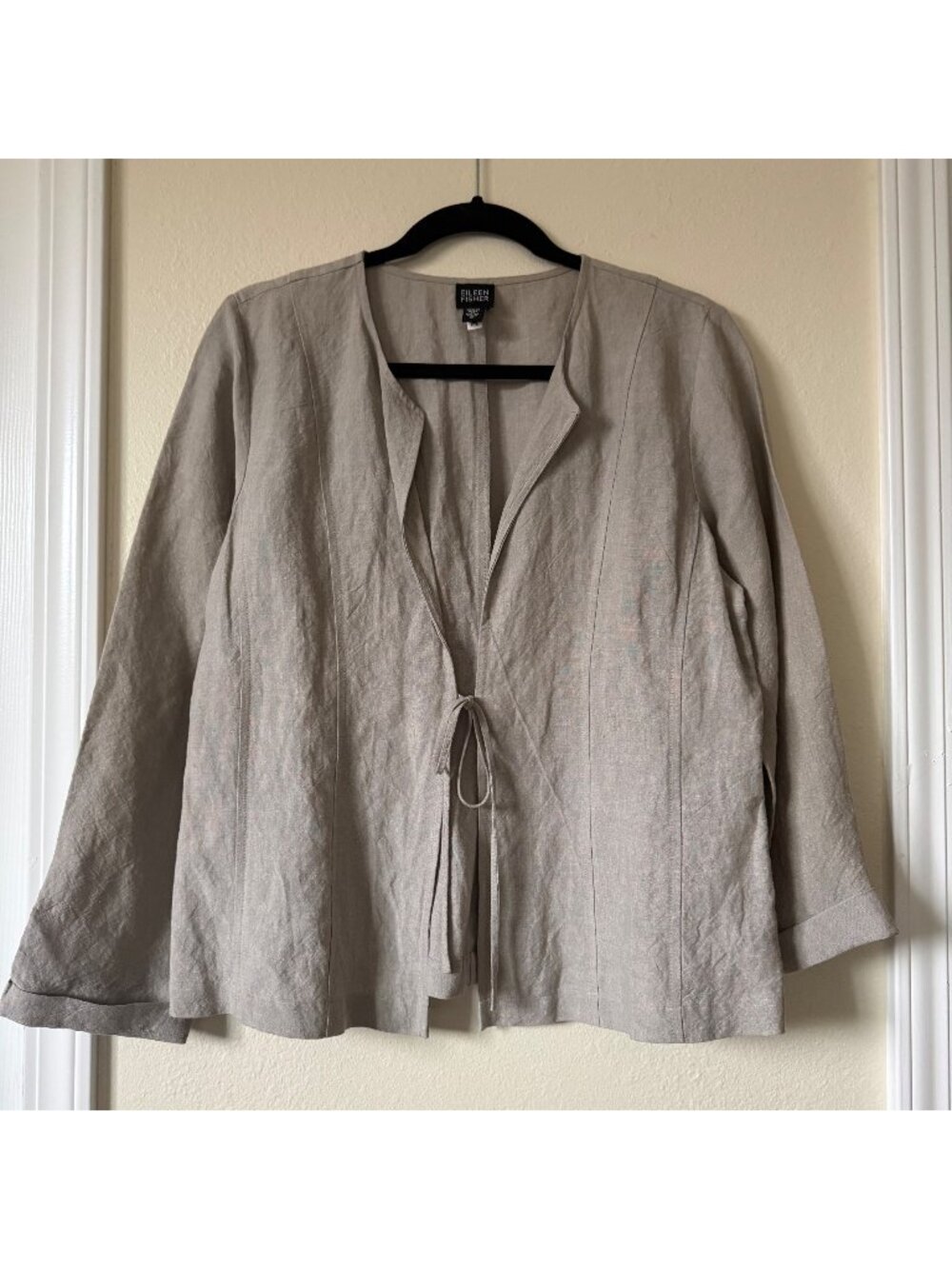 Eileen Fisher Gray Tie-Front Lightweight Linen Blend Jacket Sz Medium